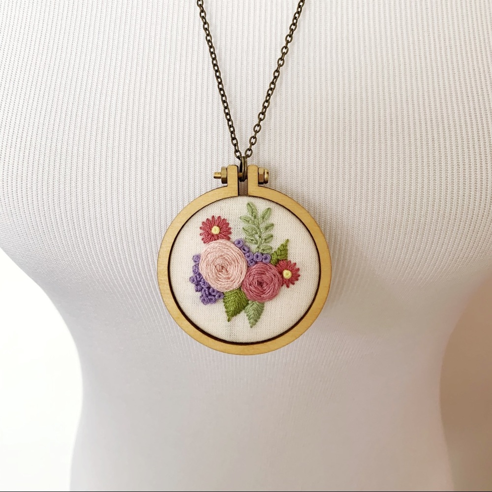 Handmade // Embroidered Flower Pendant Necklace - Picture 3 of 8